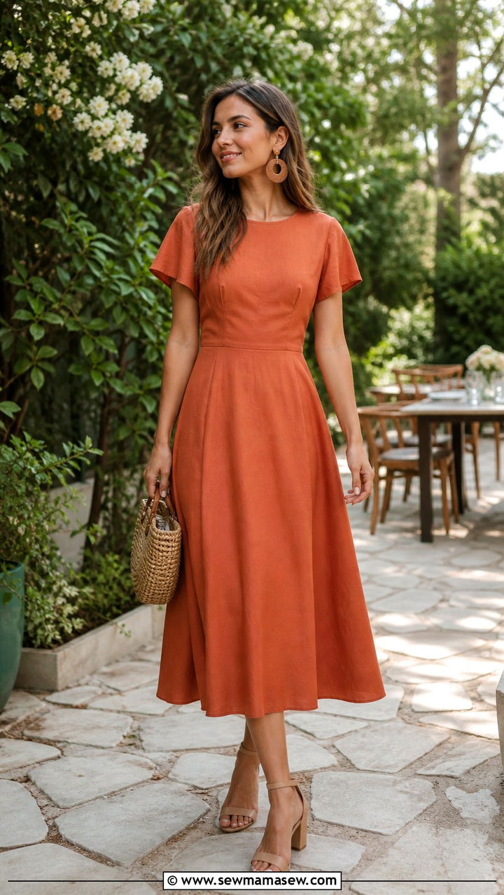 Terracotta Midi Dress With Woven Bag - 40 Garden wedding guest outfit ideas