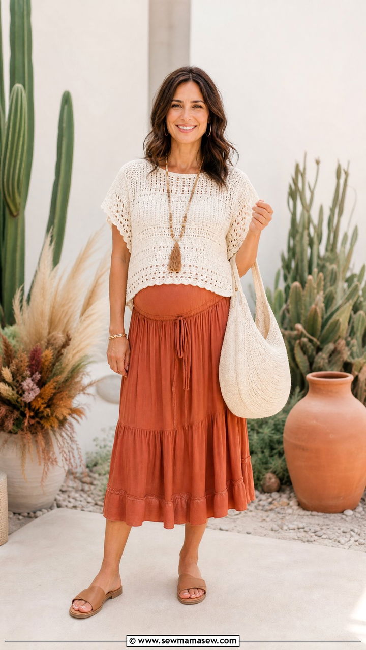 Terracotta Midi Skirt And Cream Crochet Top - 25 baby shower outfits for women over 40