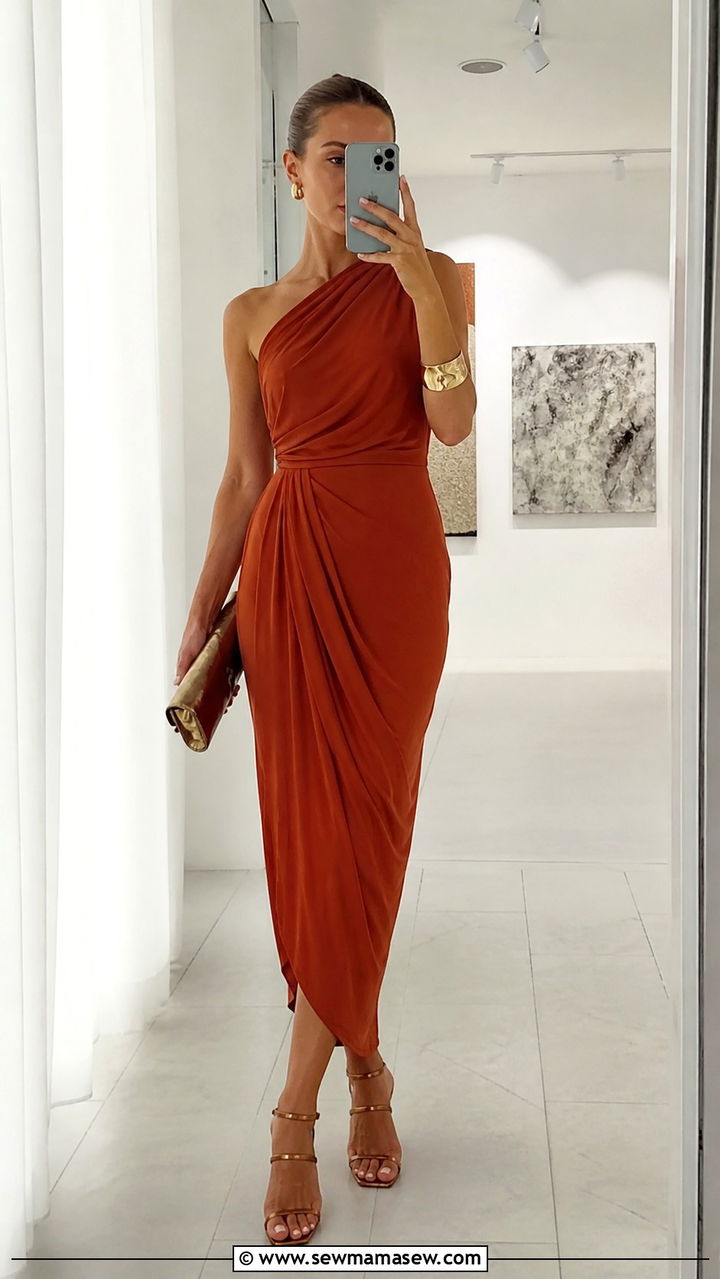 Terracotta One Shoulder Dress with Metallic Clutch - 20 Wedding guest outfit ideas terracotta dress