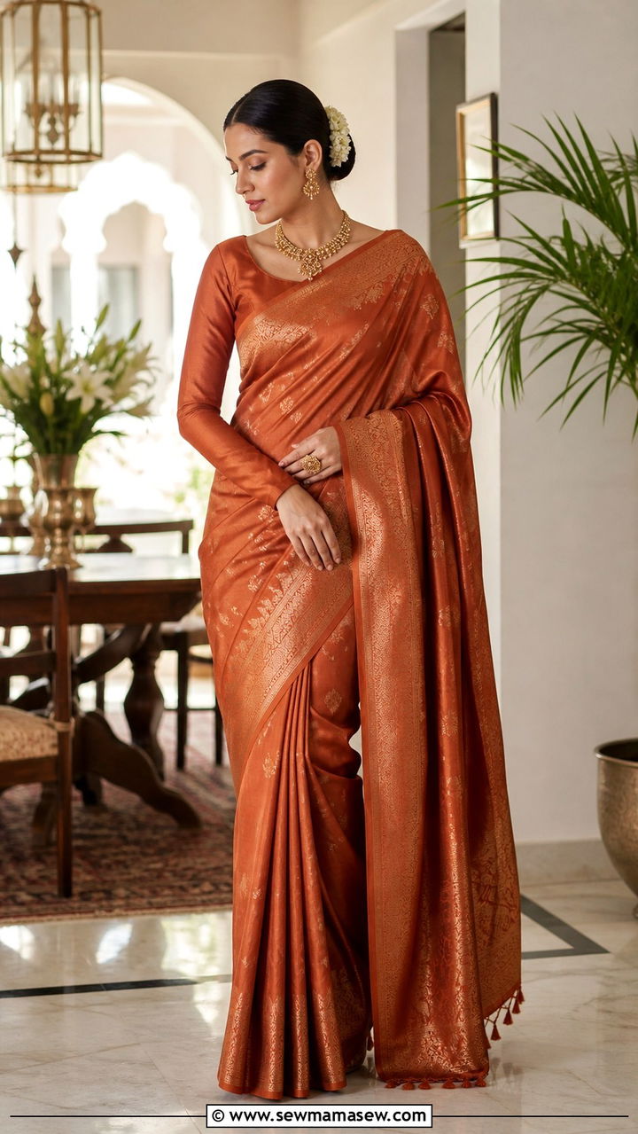 Terracotta Saree With Full Sleeve Blouse - 40 Eid outfit ideas for women