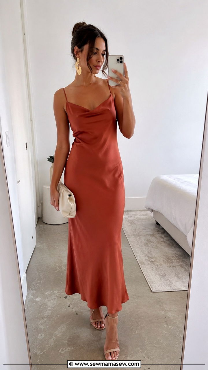 Terracotta Slip Dress with Strappy Heels - 20 Wedding guest outfit ideas terracotta dress
