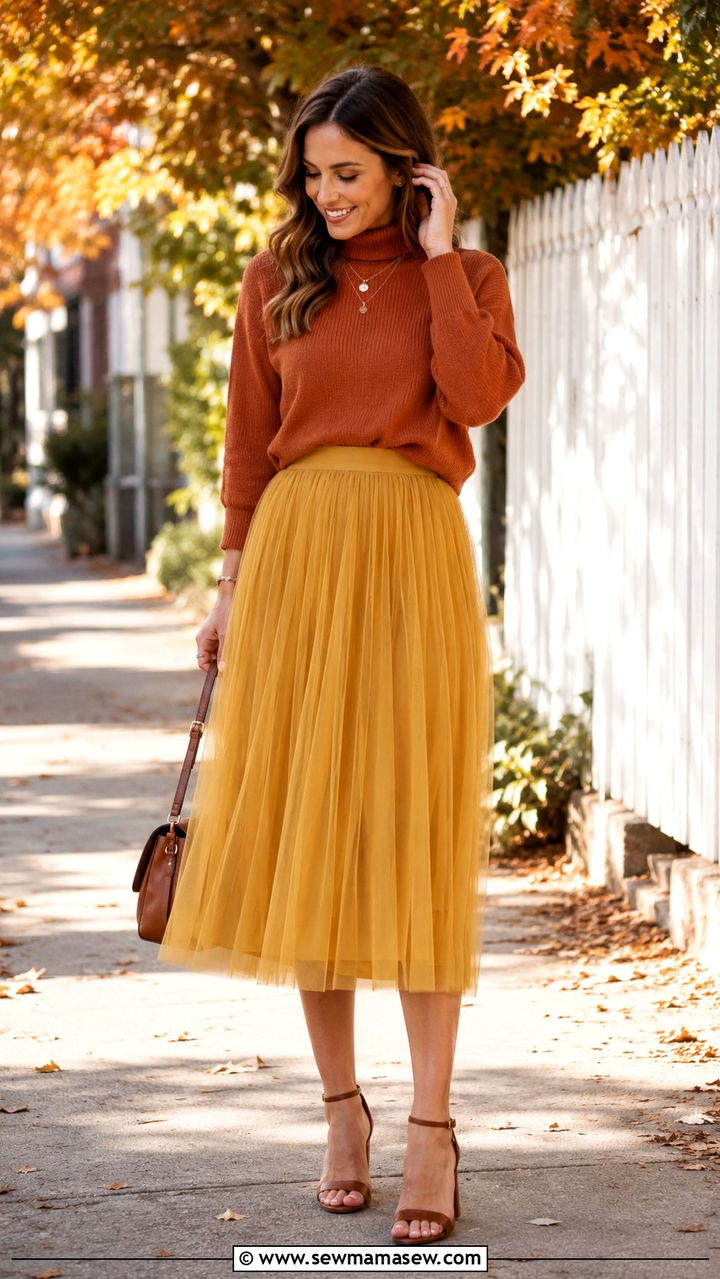 Terracotta Turtleneck Sweater With Golden Yellow Tulle Midi Skirt - 20 Tulle skirt outfit ideas with a sweater