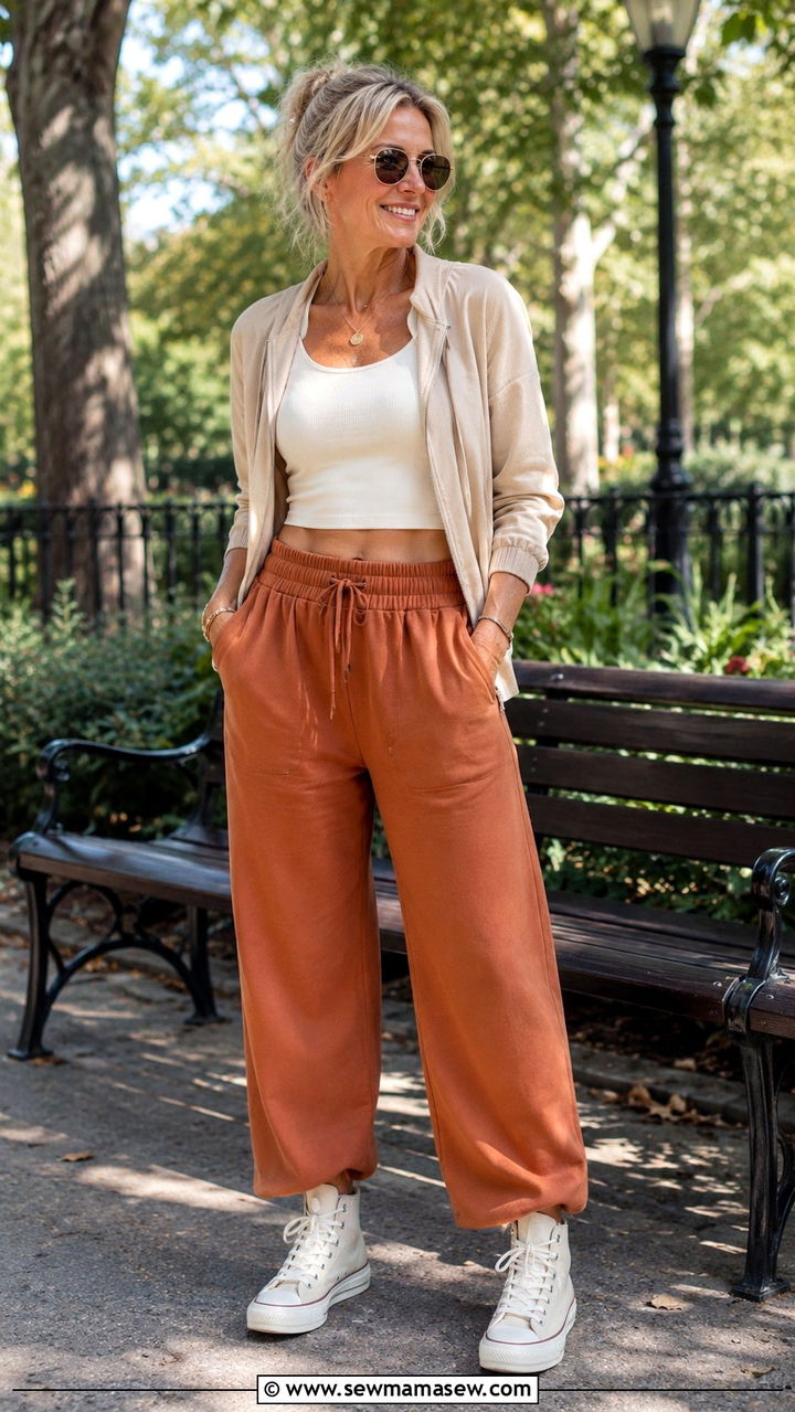 Terracotta Wide Leg Joggers With Crop Top Over 50 - 30 Outfit ideas for women over 50 sporty chic