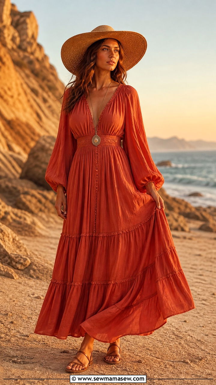 Terracotta boho maxi dress with hat - 40 All terracotta outfit ideas