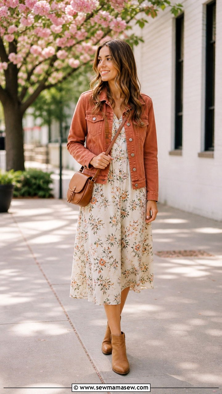 Terracotta denim jacket with floral dress - 40 All terracotta outfit ideas