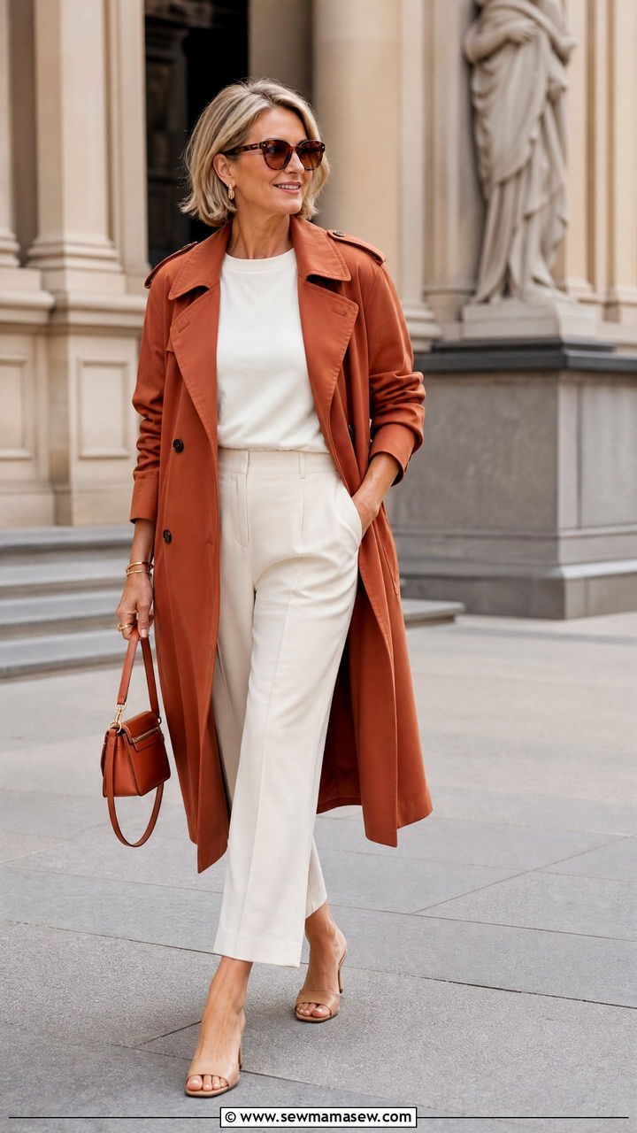 Terracotta lightweight trench with ivory wide leg crops - 30 Elevated casual outfit ideas for women over 40