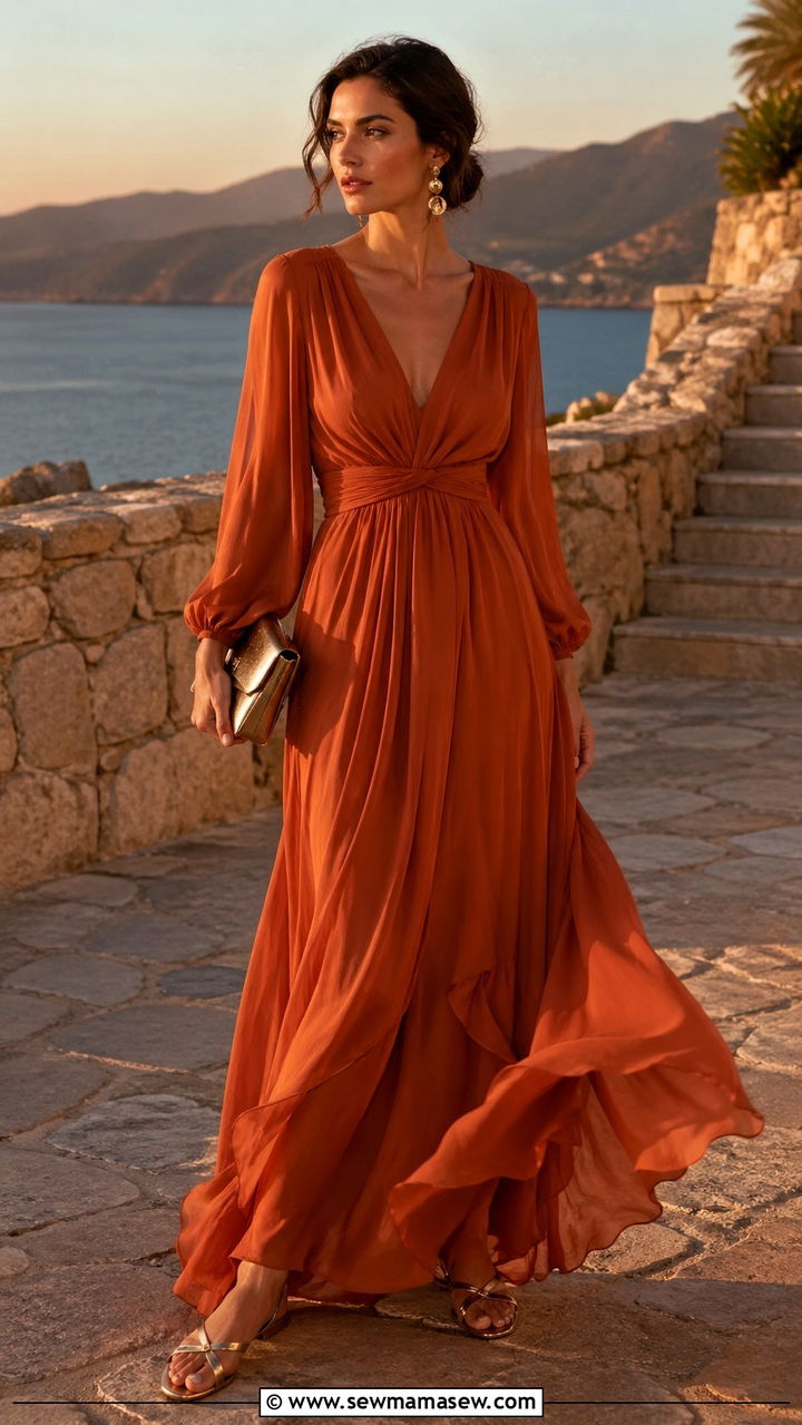 Terracotta maxi dress with gold sandals - 40 All terracotta outfit ideas
