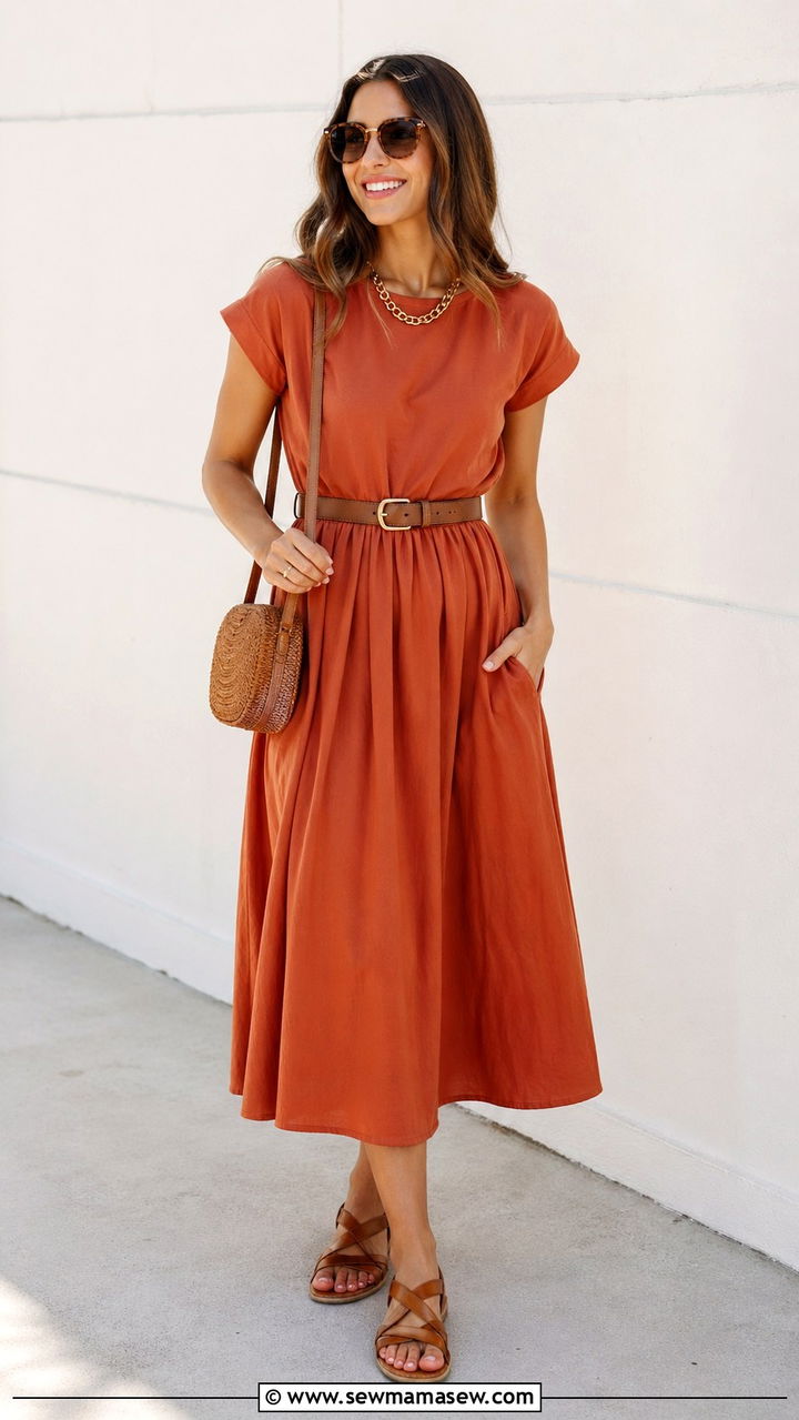 Terracotta midi dress with cognac accessories - 40 All terracotta outfit ideas