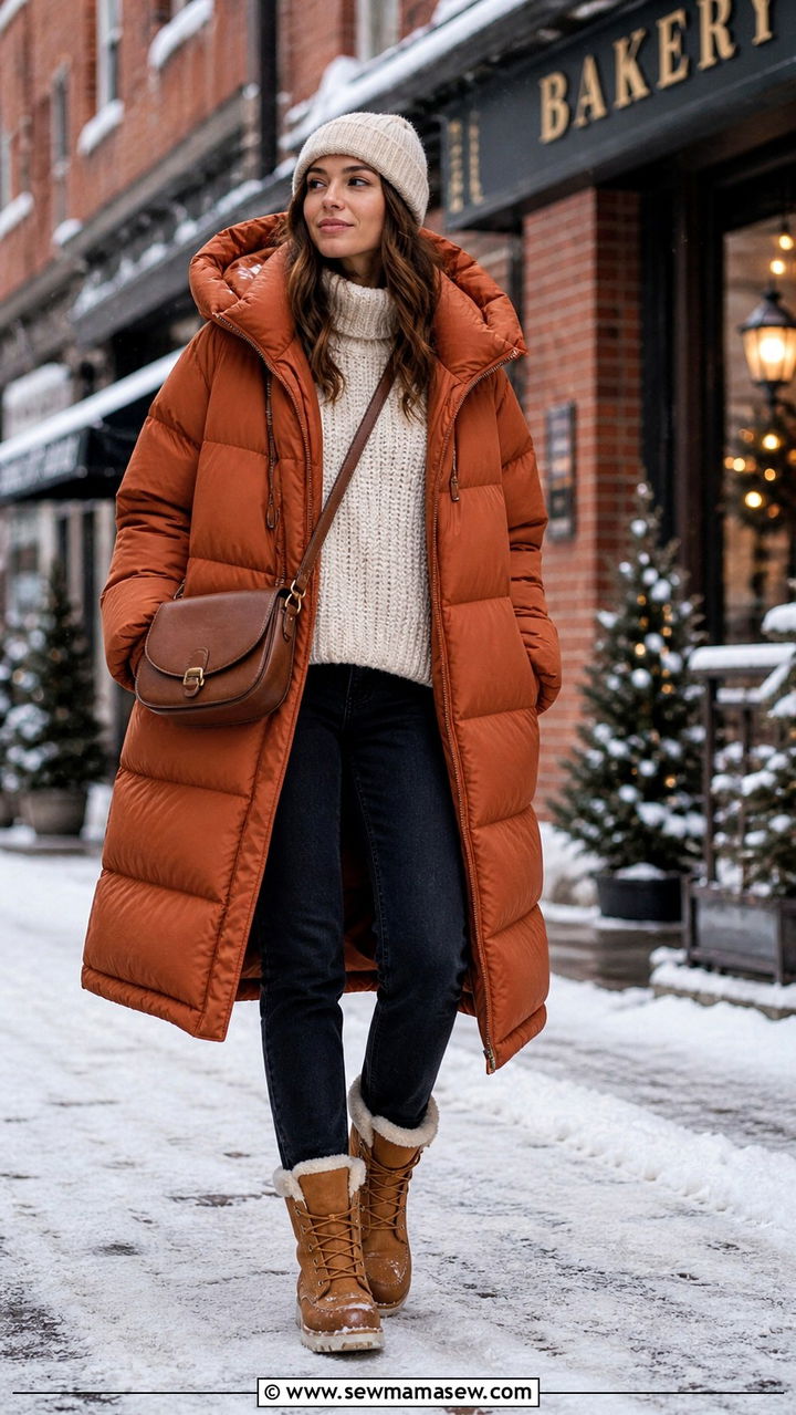 Terracotta puffer coat with cream knit and jeans - 40 All terracotta outfit ideas