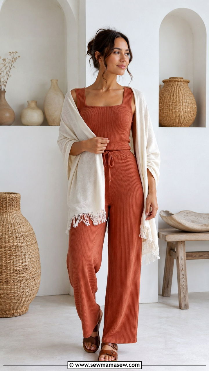 Terracotta ribbed co ord with cream shawl - 25 Yoga teacher outfit ideas