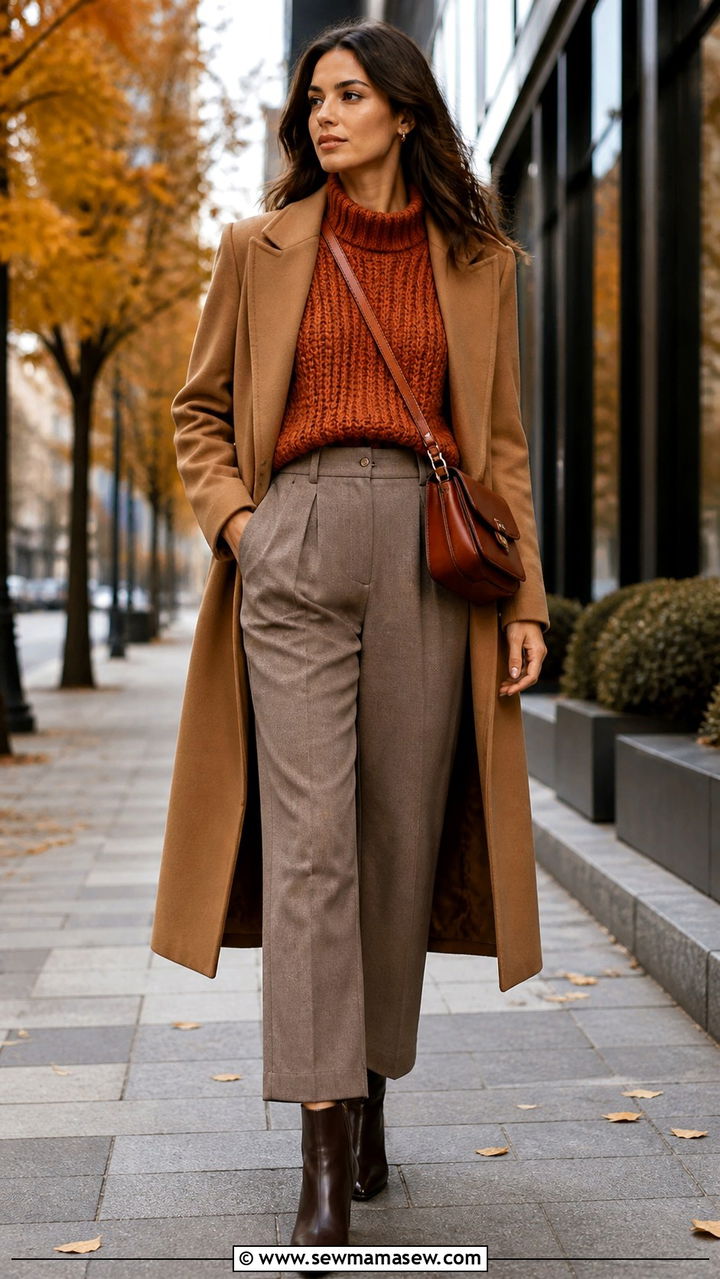 Terracotta sweater with taupe trousers - 40 All terracotta outfit ideas