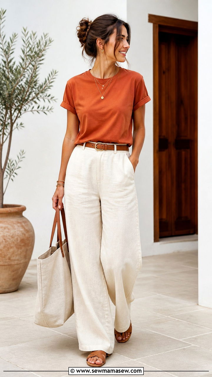 Terracotta t shirt with cream linen pants - 40 All terracotta outfit ideas