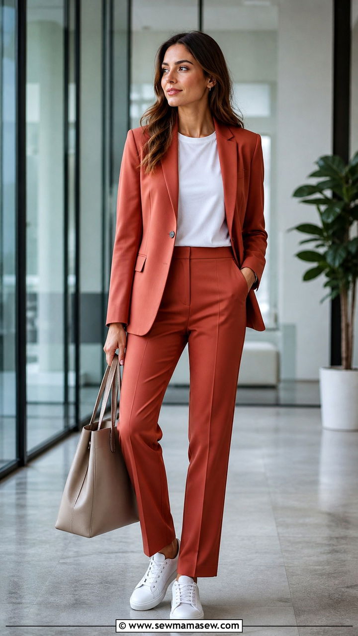 Terracotta tailored suit with white sneakers - 40 All terracotta outfit ideas