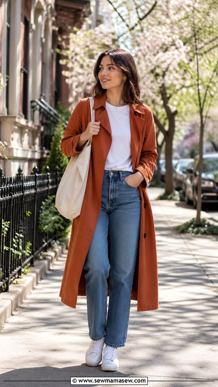 Terracotta trench coat with blue jeans - 40 All terracotta outfit ideas