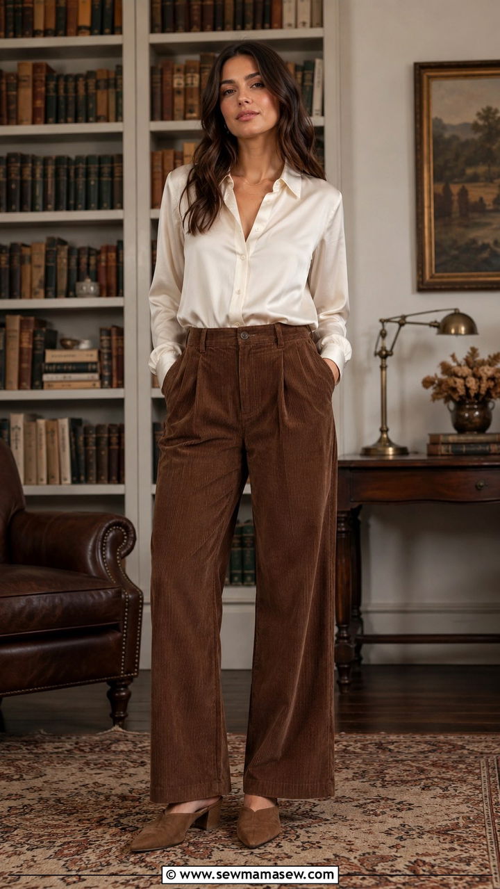 Textured Button Down with Corduroy Trousers and Suede Mules - 30 business casual outfits aesthetic