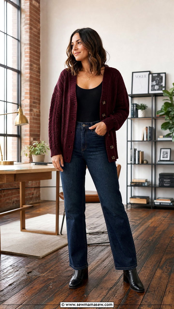 Textured Cardigan With Dark Denim And Block Heels - 25 Business casual outfits with cardigan