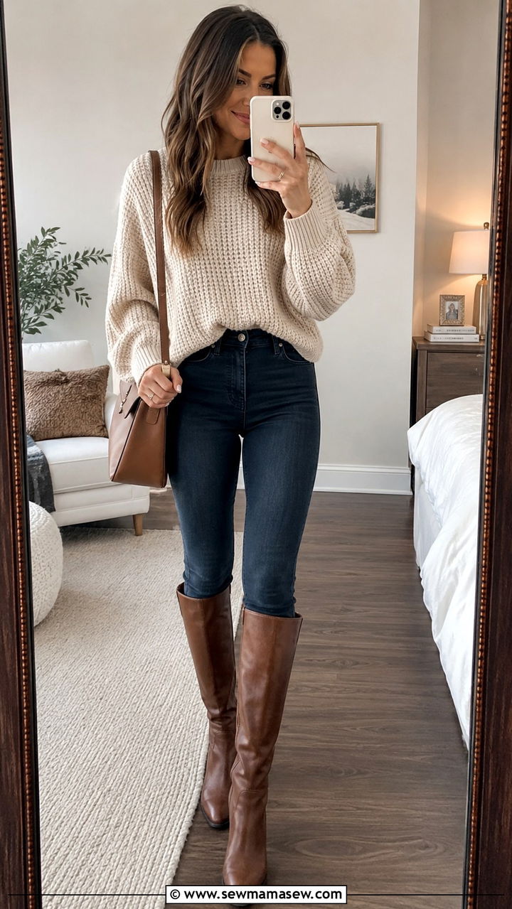 Textured Knit with High Rise Skinny Jeans and Knee Boots - 30 Oversized sweater with jeans outfit ideas