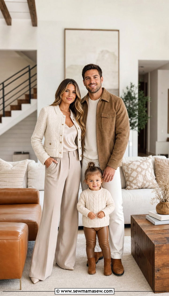 Textured Neutrals and Tan Leather Family Outfit With Toddler - 25 Family photo outfit ideas with toddler