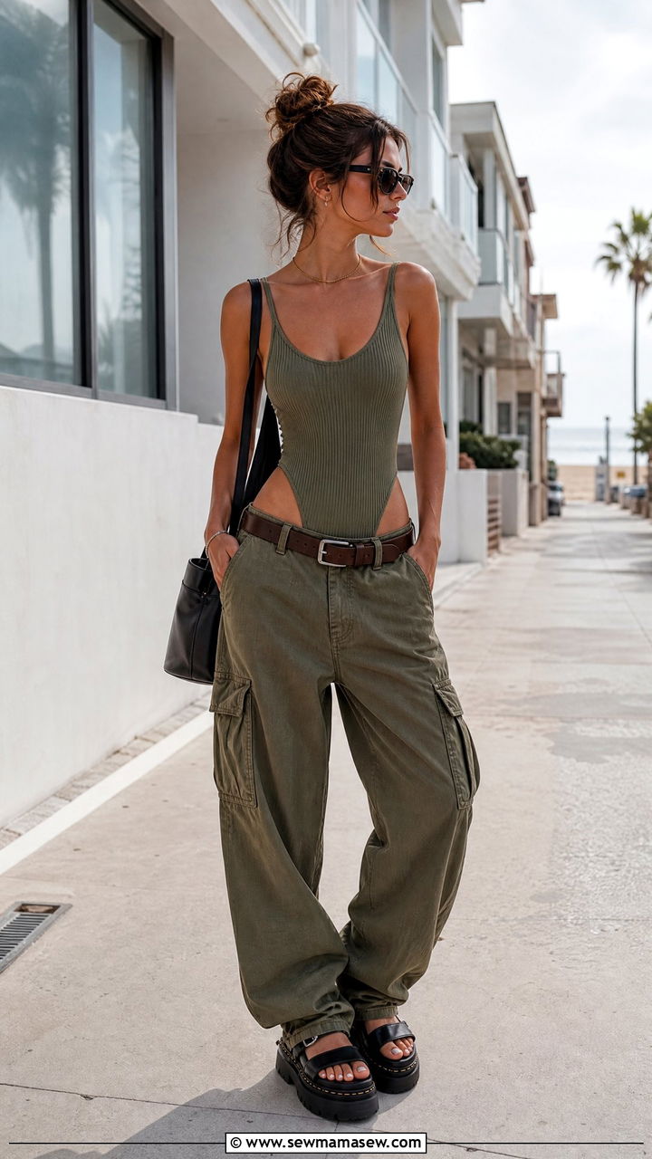 Textured Ribbed One Piece Swimsuit With Cargo Pants - 30 summer one piece swimsuit outfit ideas