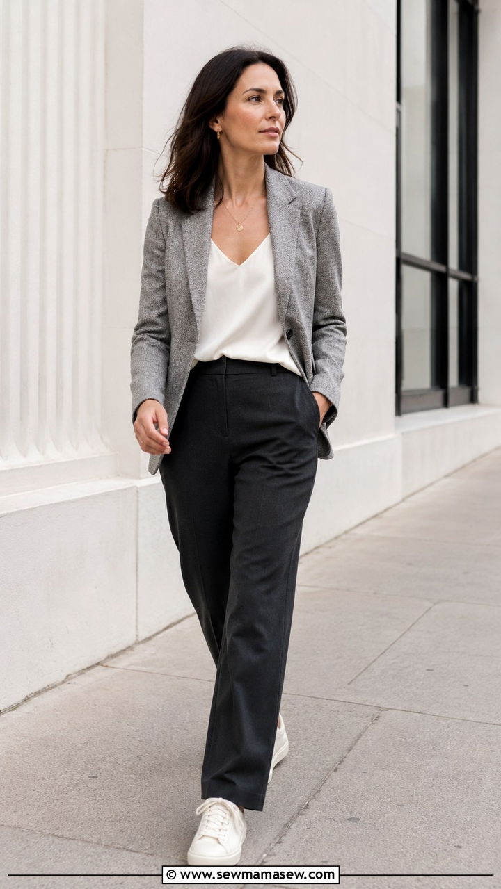 Textured knit blazer with silk camisole and trousers - 25 Virtual presentation outfit ideas