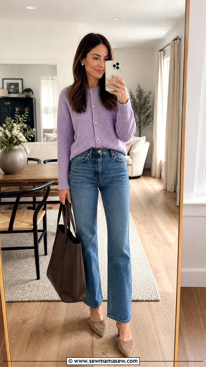 Textured knit cardigan and straight leg jeans - 40 What to wear in Sydney