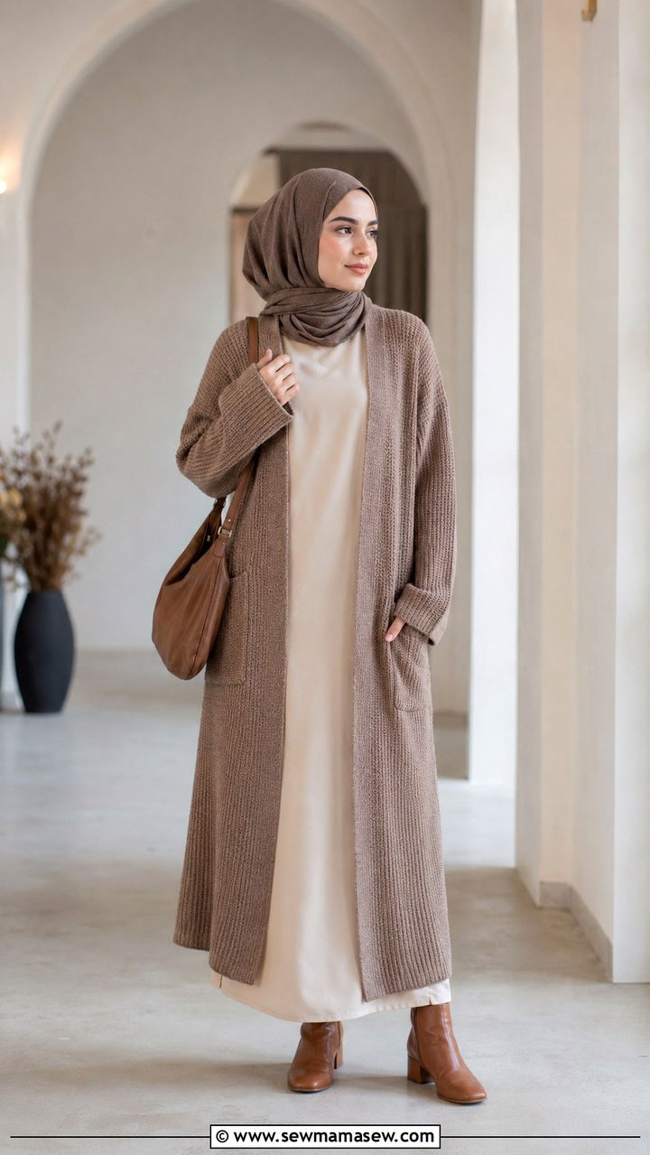 Textured knit long cardigan over maxi slip dress - 20 Modest outfit ideas for mosque visit