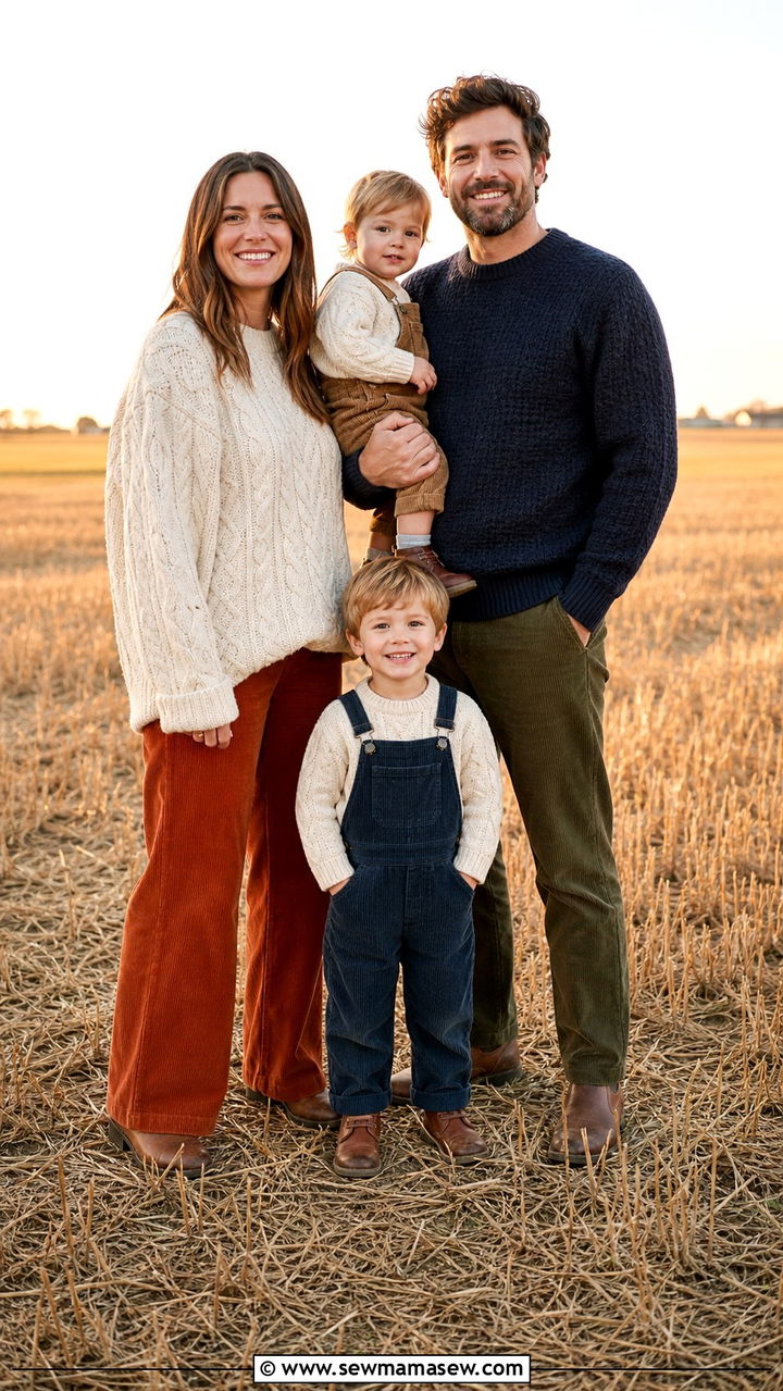 Textured knit sweater and corduroy pants family outfits - 40 Family photo outfit ideas