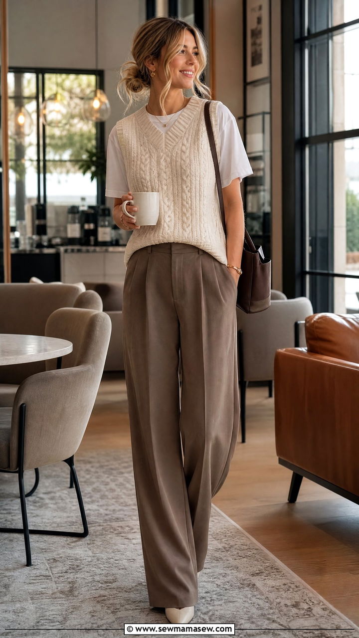 Textured knit vest over simple tee with tailored trousers - 25 Business casual outfits with vest