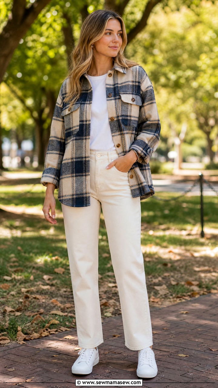 The shacket uniform with straight leg ecru denim - 35 How to style a flannel shirt