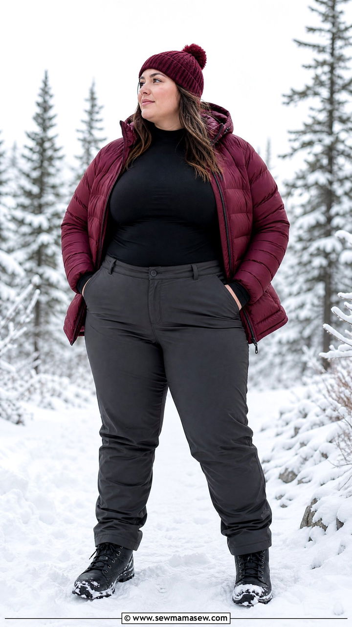 Thermal Base Layer with Insulated Hiking Pants and a Down Puffer - 25 Hiking outfit ideas plus size
