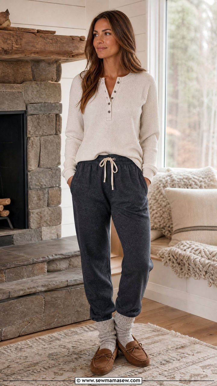 Thermal Henley with Fleece Joggers - 30 Cozy movie night outfit ideas