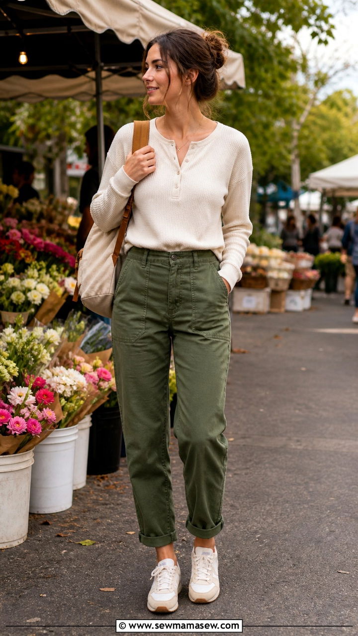 Thermal Henley with Utility Pants and Sneakers - 40 Cozy spring outfits