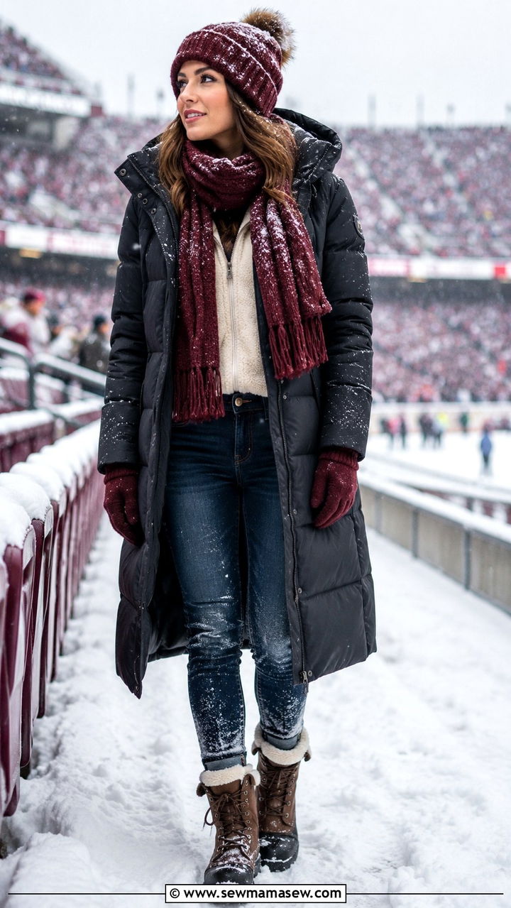 Thermal Layers and Puffer Coat Outfit - 30 NFL game outfit ideas