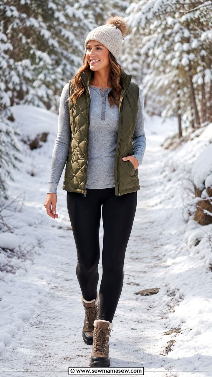Thermal Leggings and Puffer Vest Postpartum Winter - 25 Postpartum outfit ideas that fit new body