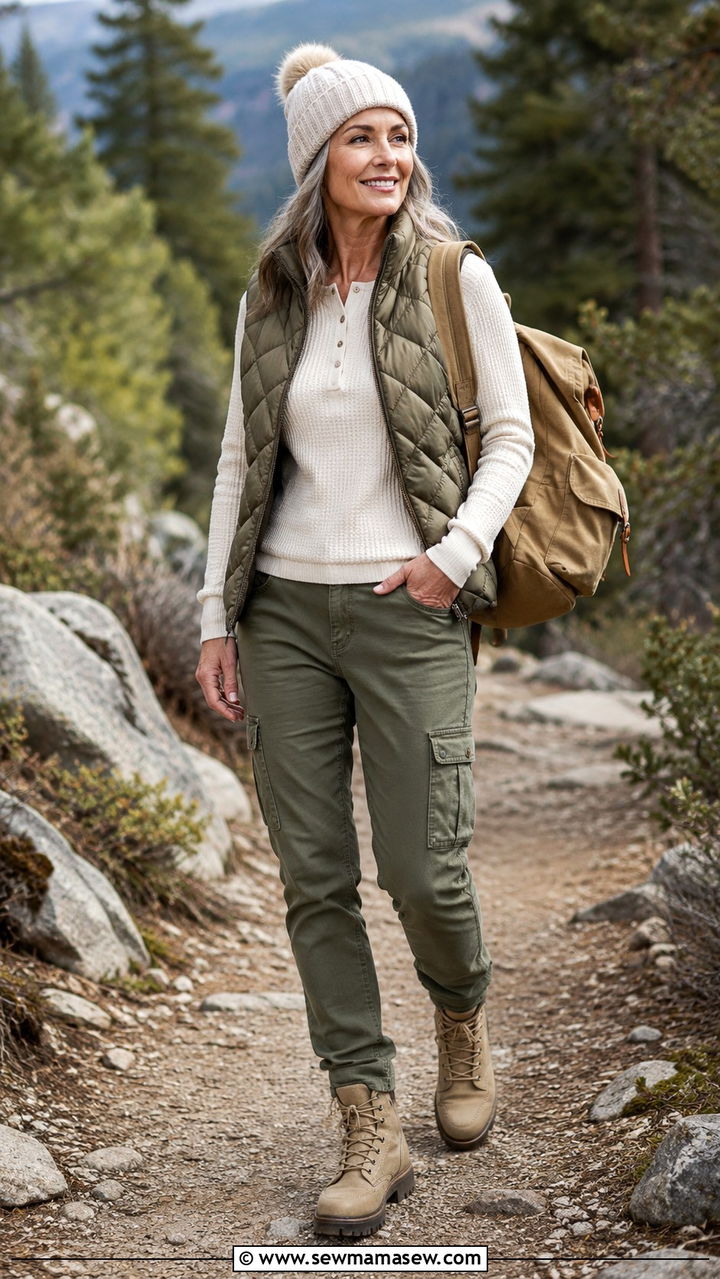 Thermal Top And Cargo Pants Mom Outfit - 30 Outfit ideas for women over 50 school drop off