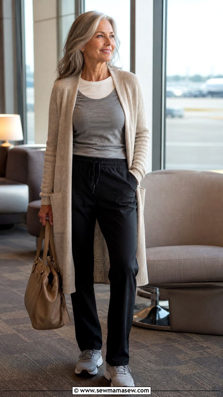 Thermal base layer with long cardigan and travel trousers - 20 Airport outfit ideas for women over 60