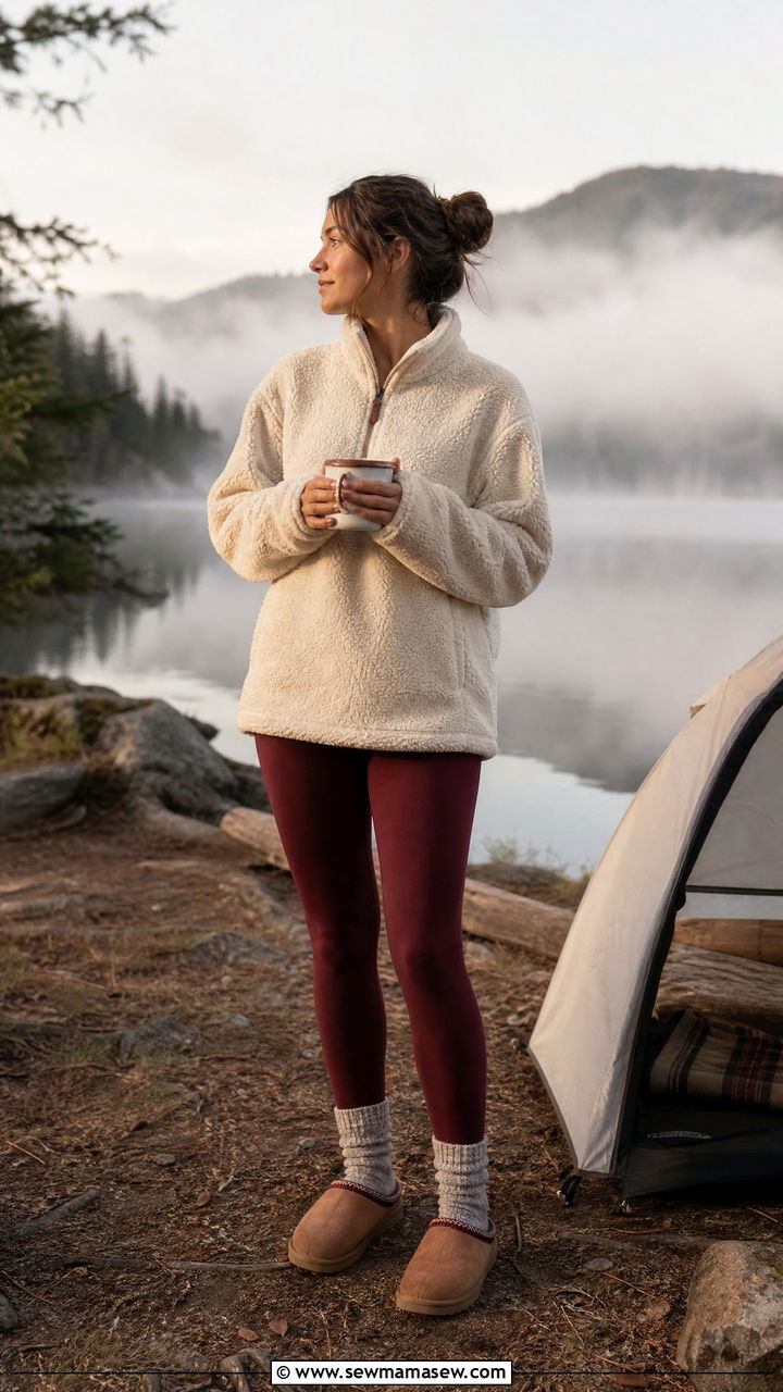 Thermal leggings and fleece pullover camping outfit - 25 Camping trip outfit ideas