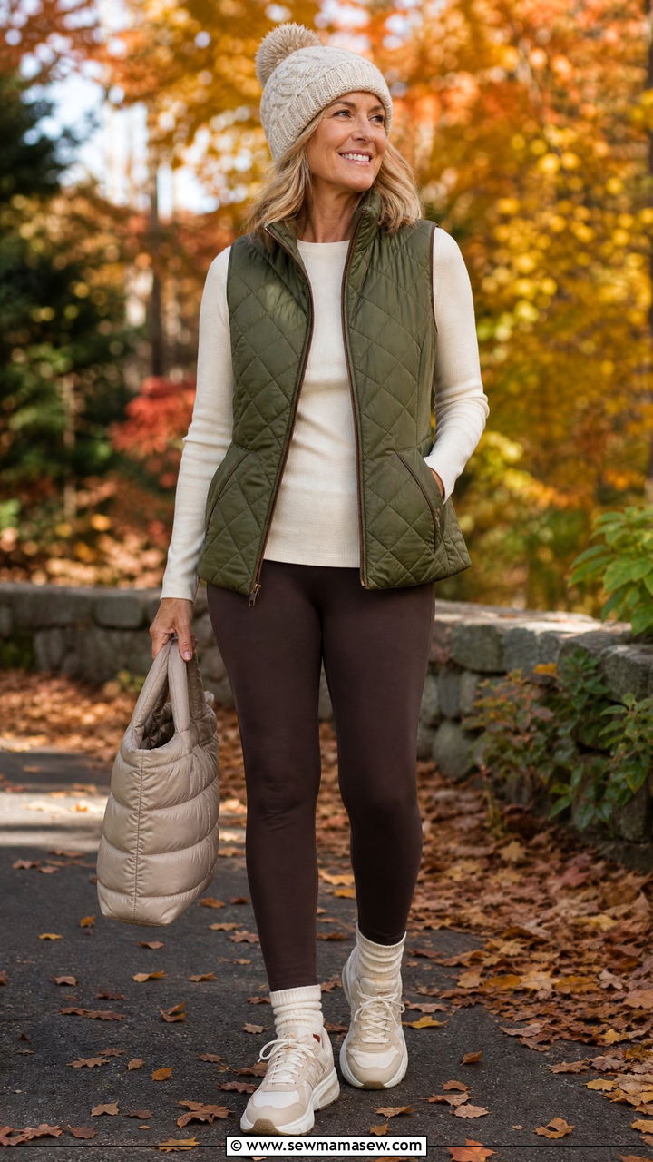 Thermal leggings with quilted vest outfit over 50 - 30 Outfit ideas for women over 50 athleisure
