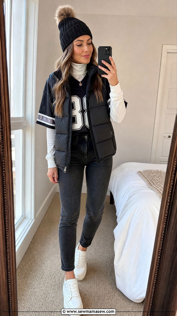Thermal turtleneck under jersey with puffer vest - 25 Football game outfit ideas cold