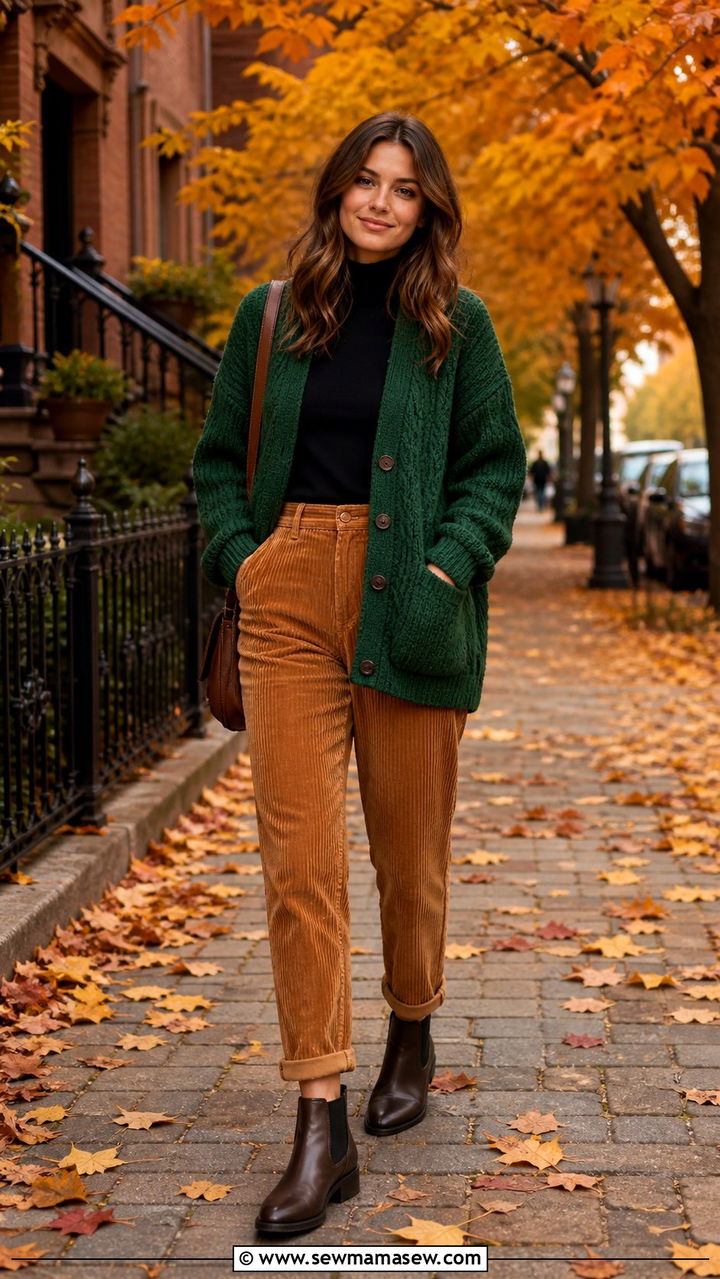 Thick Knit Cardigan with Corduroy Pants and a Turtleneck - 40 casual cardigan outfits