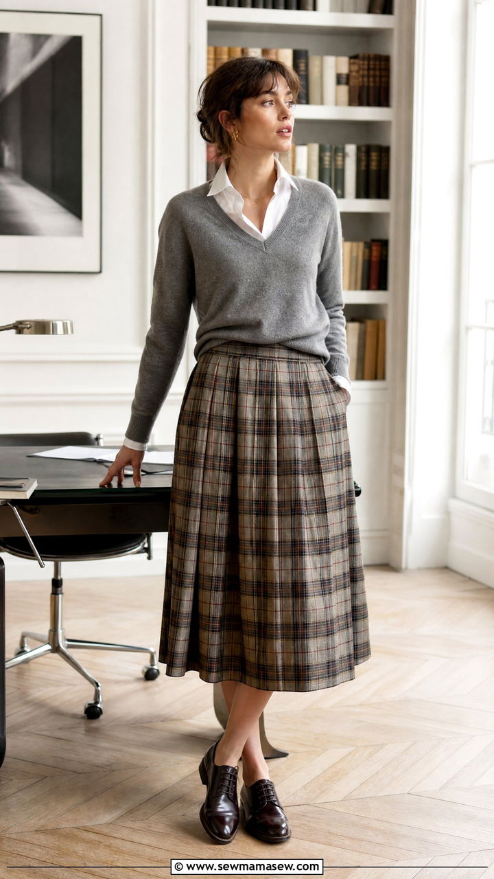 Thin Cashmere V Neck With a Plaid Midi Skirt and Oxfords - 30 French girl outfits 2026