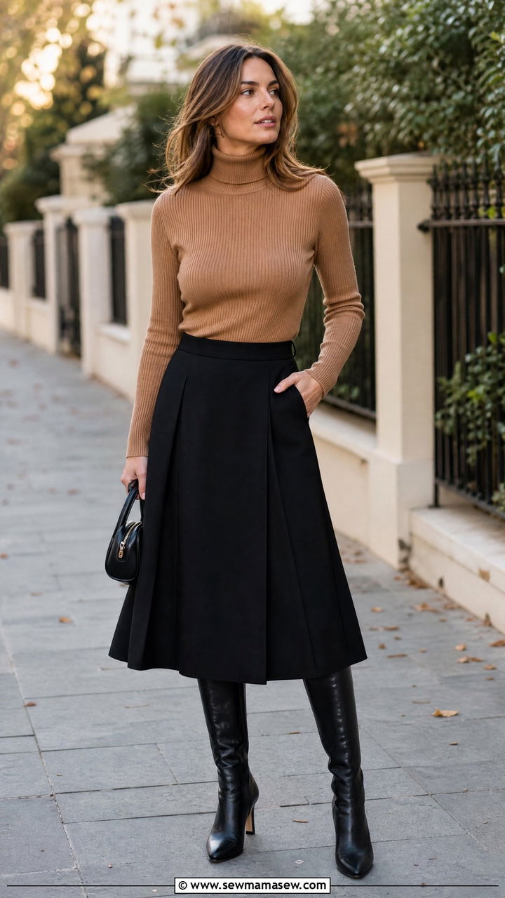Thin knit turtleneck with a midi A line skirt - 25 Flattering outfits for big bust