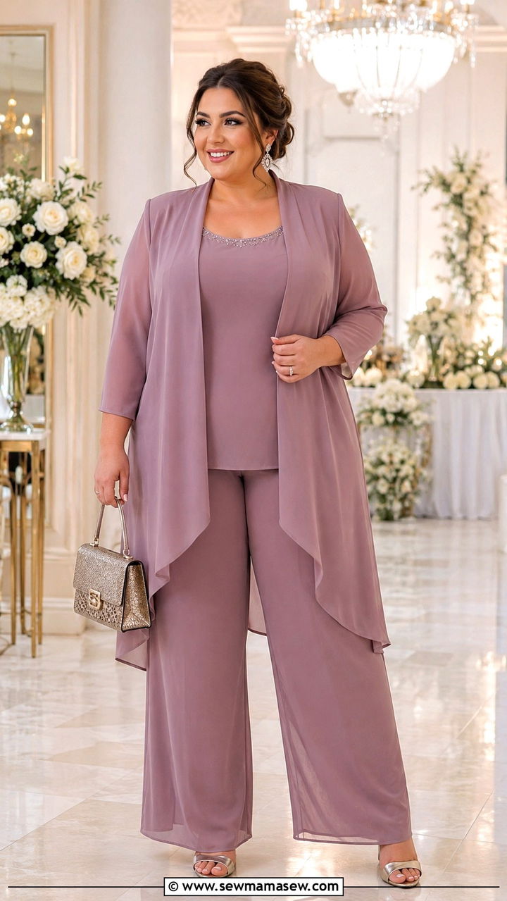 Three Piece Chiffon Pant Suit - 25 Wedding guest outfit ideas for plus size mom