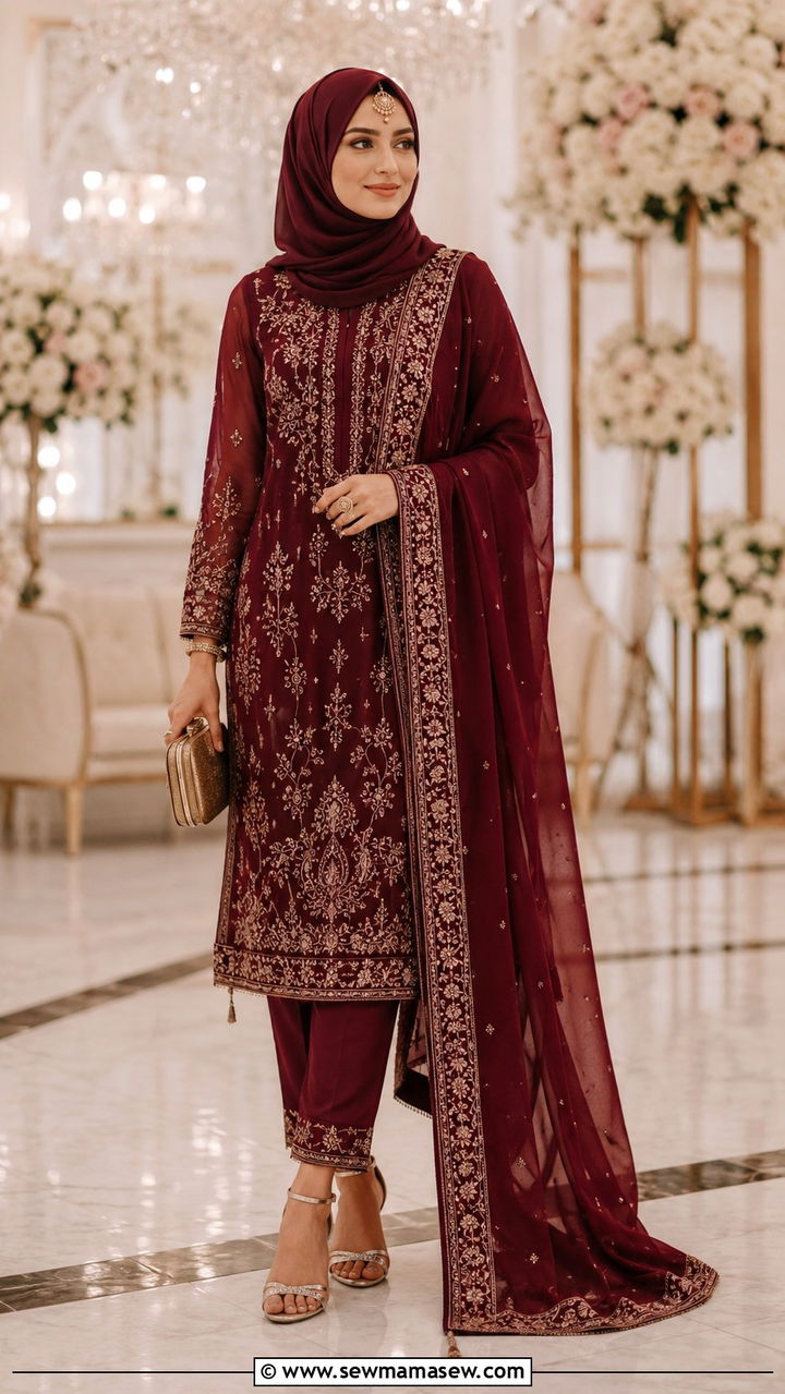 Three Piece Embroidered Suit Set - 30 Modest wedding guest outfit ideas for Muslim women