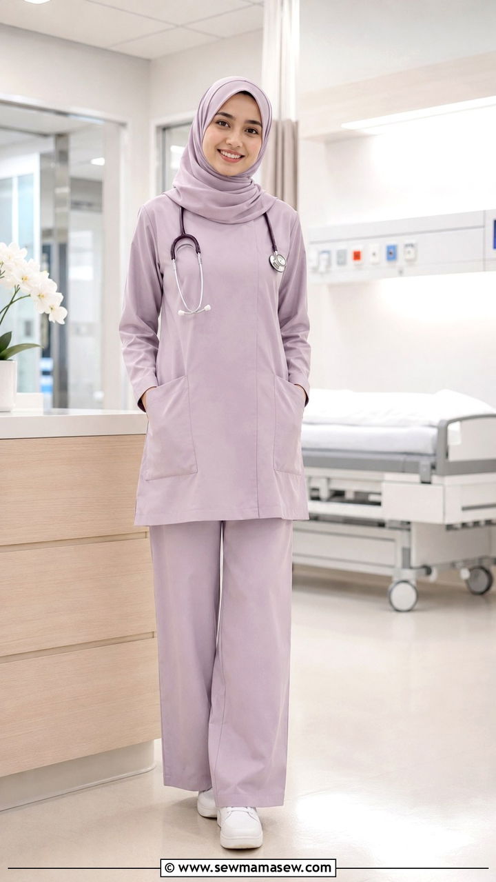 Three Piece Hijab Scrub Set In Soft Pastel - 20 Modest outfit ideas for nurse