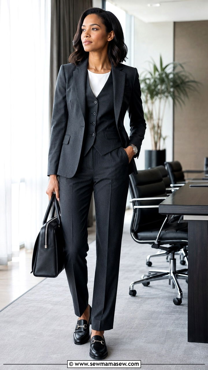 Three Piece Pants Suit with Loafers Outfit - 30 Networking event outfit ideas