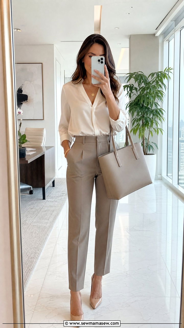 Three Quarter Sleeve Blouse With High Waisted Trousers - 25 Outfit ideas to flatter arms