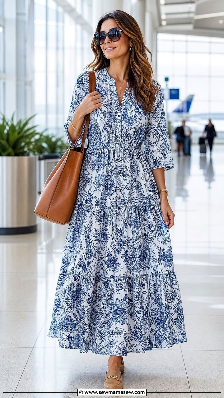 Three Quarter Sleeve Maxi Dress And Loafers For Travel - 30 Maxi dress with sleeves outfit ideas