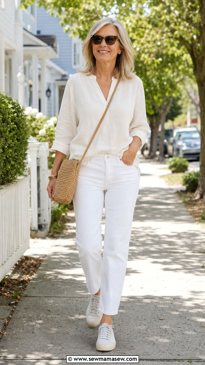 Three Quarter Sleeve Tunic And White Jeans - 20 Mature woman outfit ideas 2026