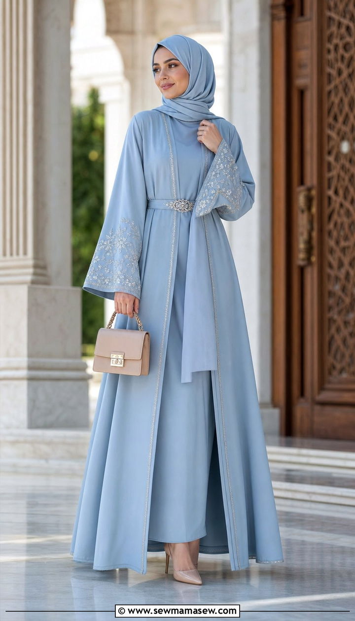 Three piece embroidered abaya set with belt - 25 Eid outfit ideas with abaya